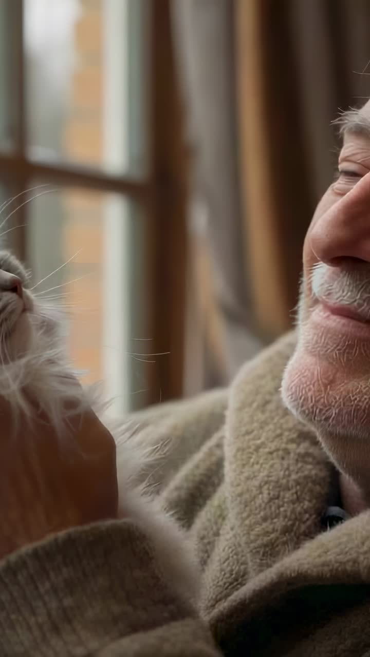 Video verticale: uomo anziano con cappotto che abbraccia un gatto all'altezza del petto, favorendo le coccole vicino alla finestra per un momento di calma