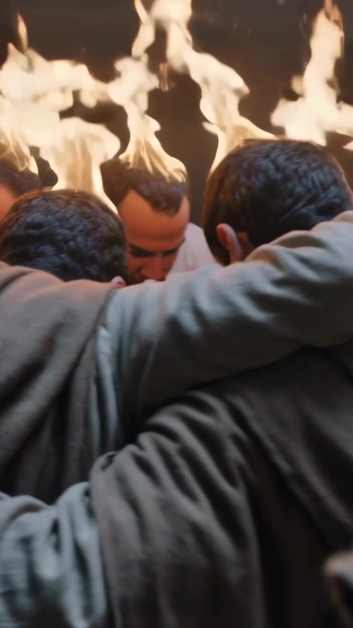 Vertical video: Embracing men adjusting hands as torch flame flaring during ritual with cloaks