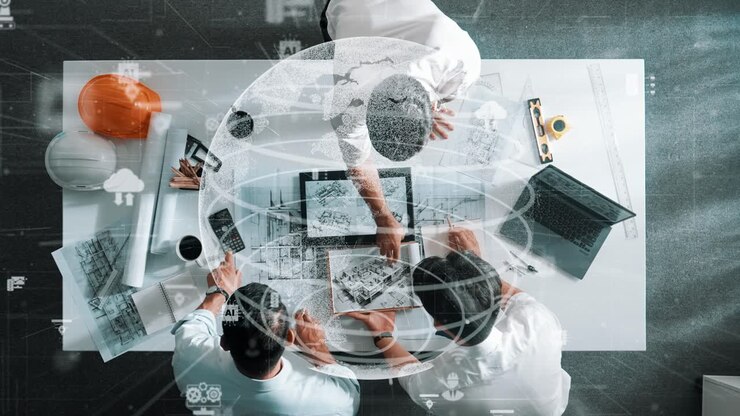 Top view of smart engineer team working together and shake hand. Alimentation.