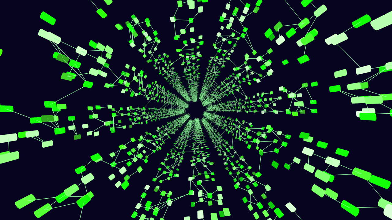 Interconnected grid of blue and white squares and rectangles in circular formation