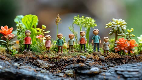 small figures standing among vibrant plants in a tranquil garden setting