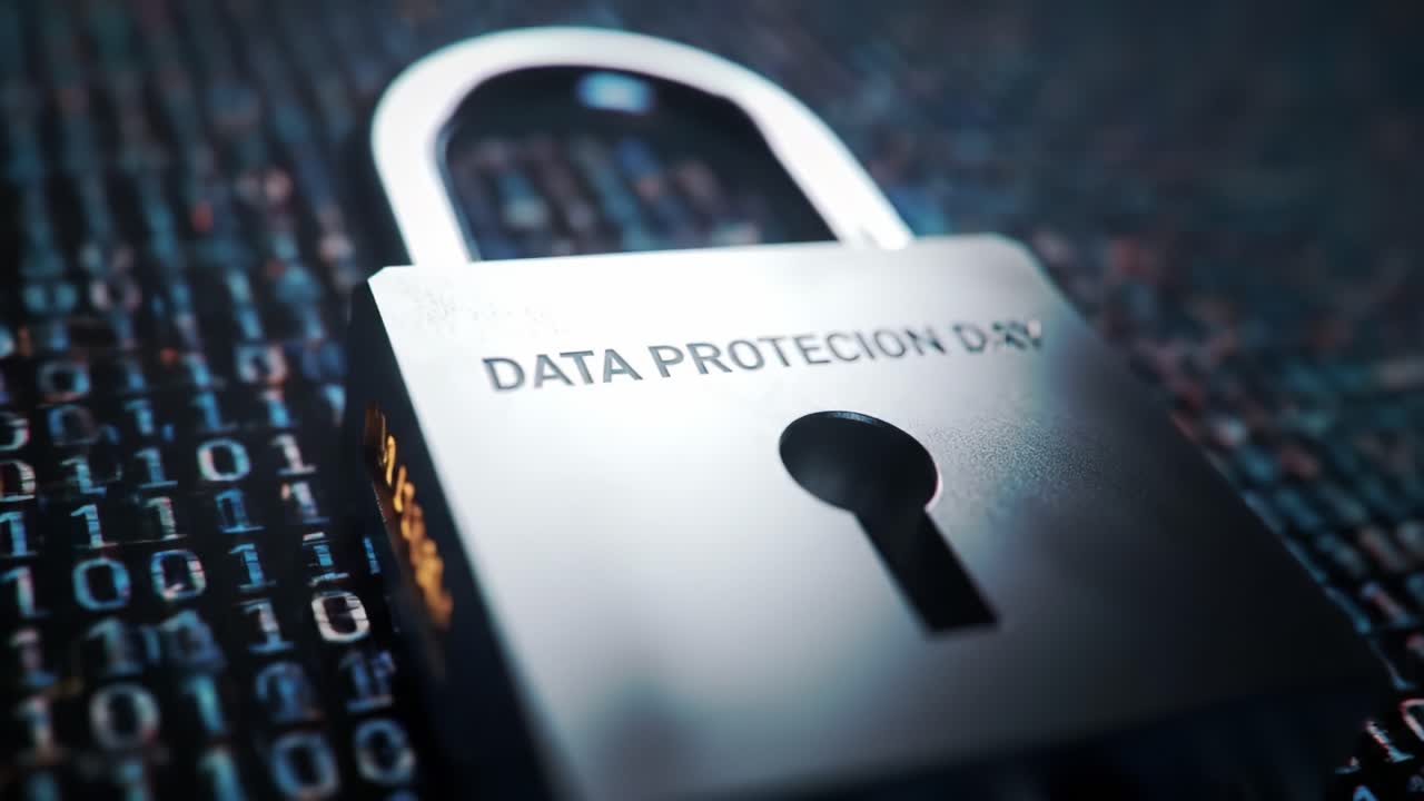 A close-up view of a secure padlock symbolizing digital safety and security amidst a background of binary code representing data protection technology
