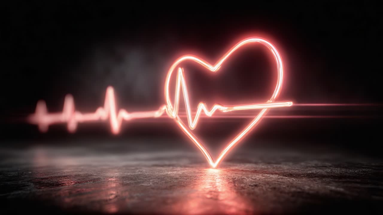 A Glowing Heartbeat: A Captivating Visual Representation of Love and Vitality Through a Neon Heart and Heartbeat Rhythm in Dark Surroundings