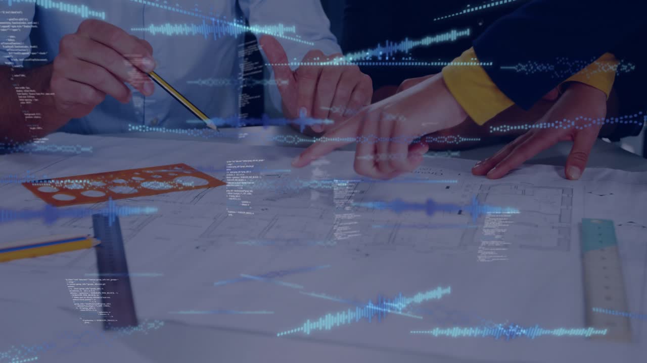 Architect and designer pointing and marking blueprint, causing holographic overlays refining design