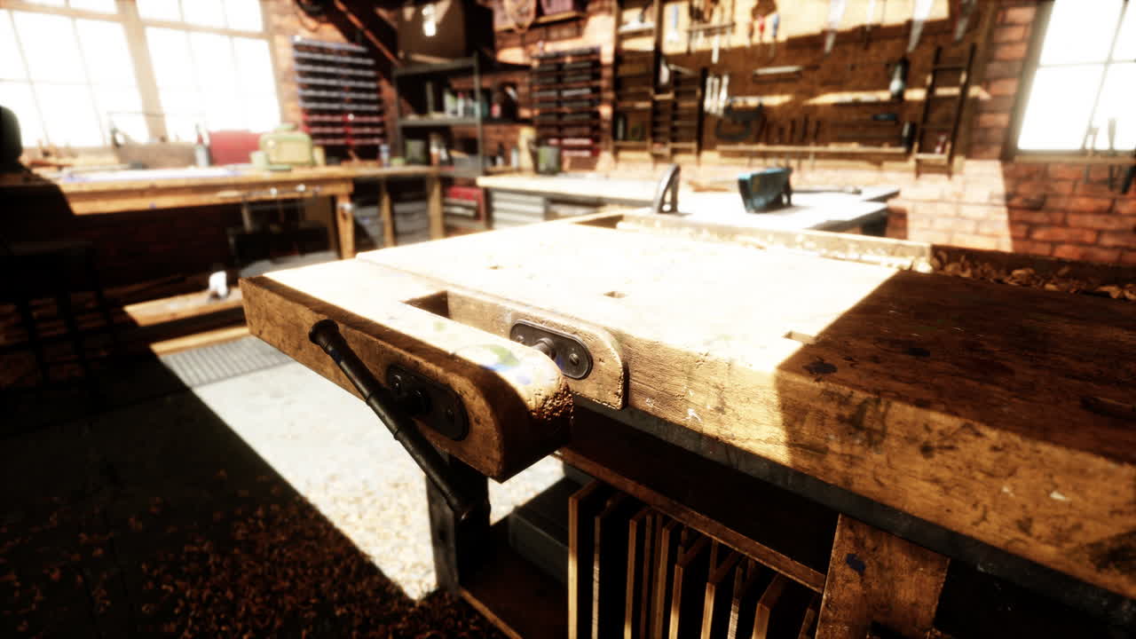 taller de madera vintage con banco de trabajo