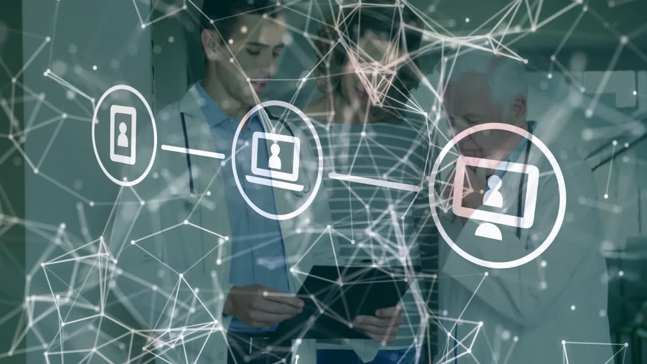 colaborando en la oficina, diversas personas de negocios con conexiones de red y animación de datos