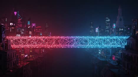 a futuristic bridge illuminated with neon lights connects two cyberpunk cityscapes, symbolizing connectivity and innovation in a digital realm
