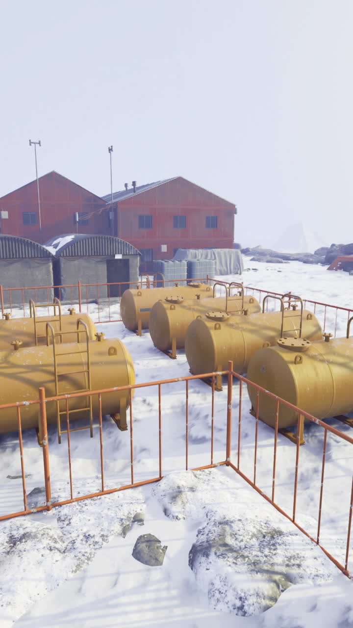 Industrial structures and fuel tanks in a snowy remote landscape