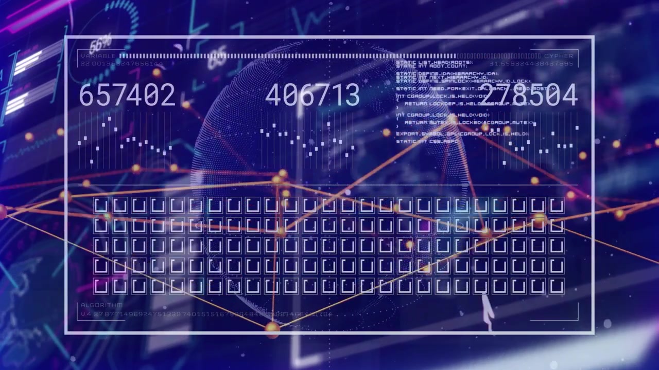 On load dotted globe with orange network shifting, peaks rising, numbers updating, showing trends