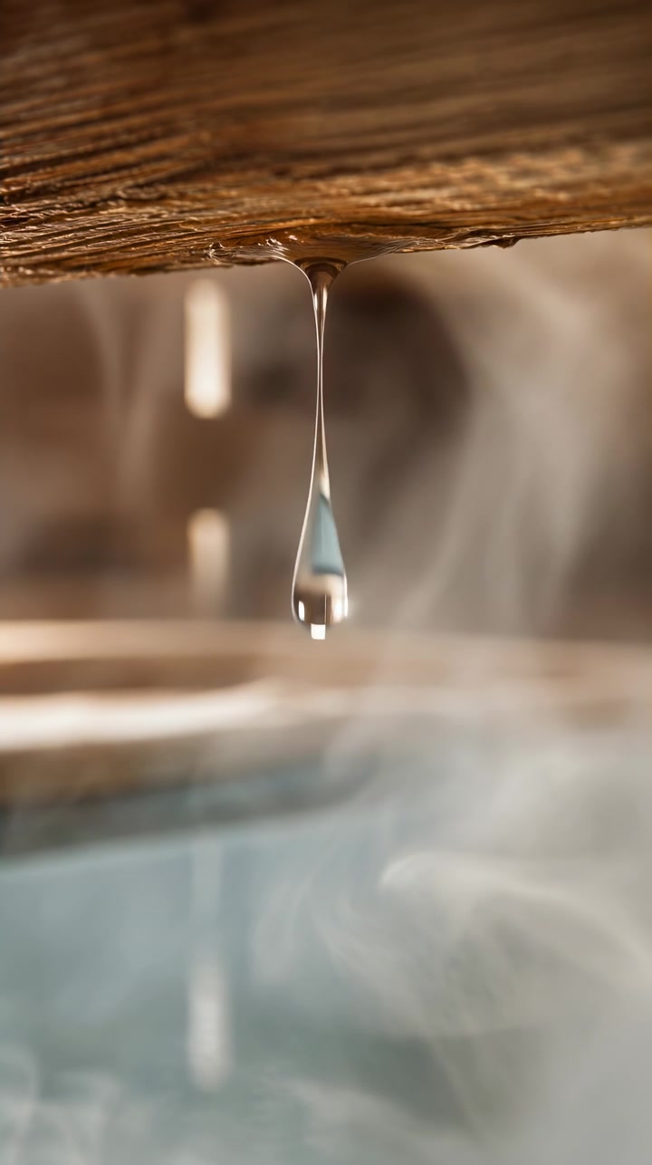 Nærbilde av en klar dråpe som klamrer seg til en ru trekant over dampende vann, med myke krusninger over den nedre overflaten, grunn fokus, reflekterende høydepunkter, varm innendørs spa-atmosfære, rolig abstrakt.