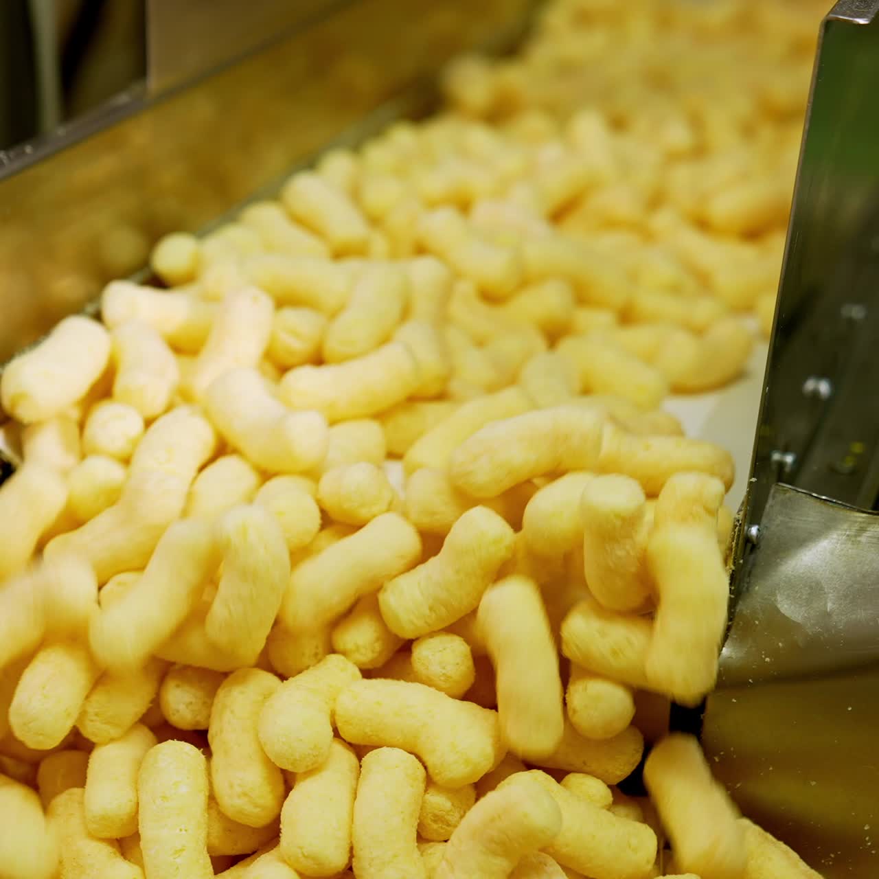 Crunchy yellow puffcorn moving on the conveyor. Crispy corn snacks producing