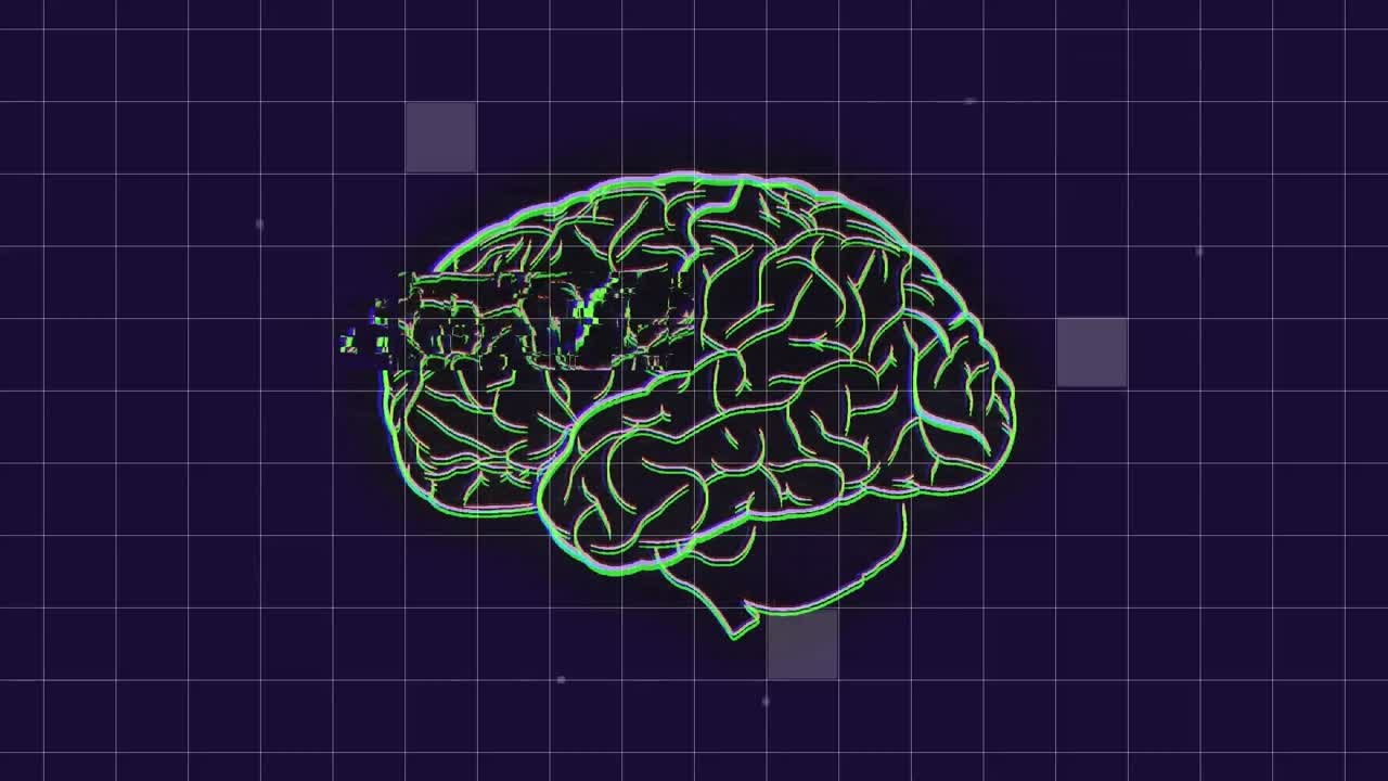 Animation of grid and data processing over brain spinning
