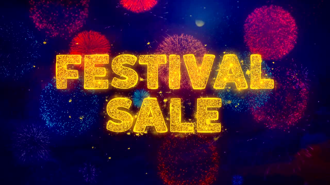 페스티벌 판매 텍스트는 다채로운 불꽃놀이 폭발 입자입니다.