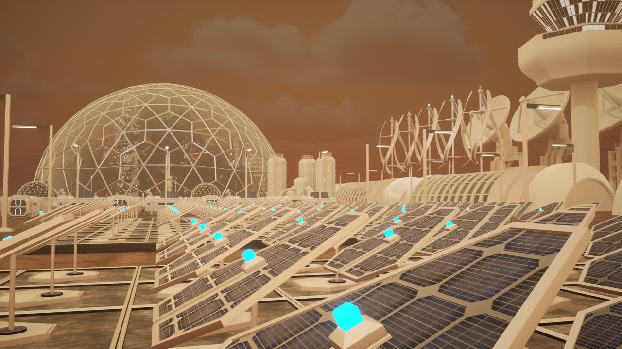 Close up of solar panels on alien planet in futuristic metropolis