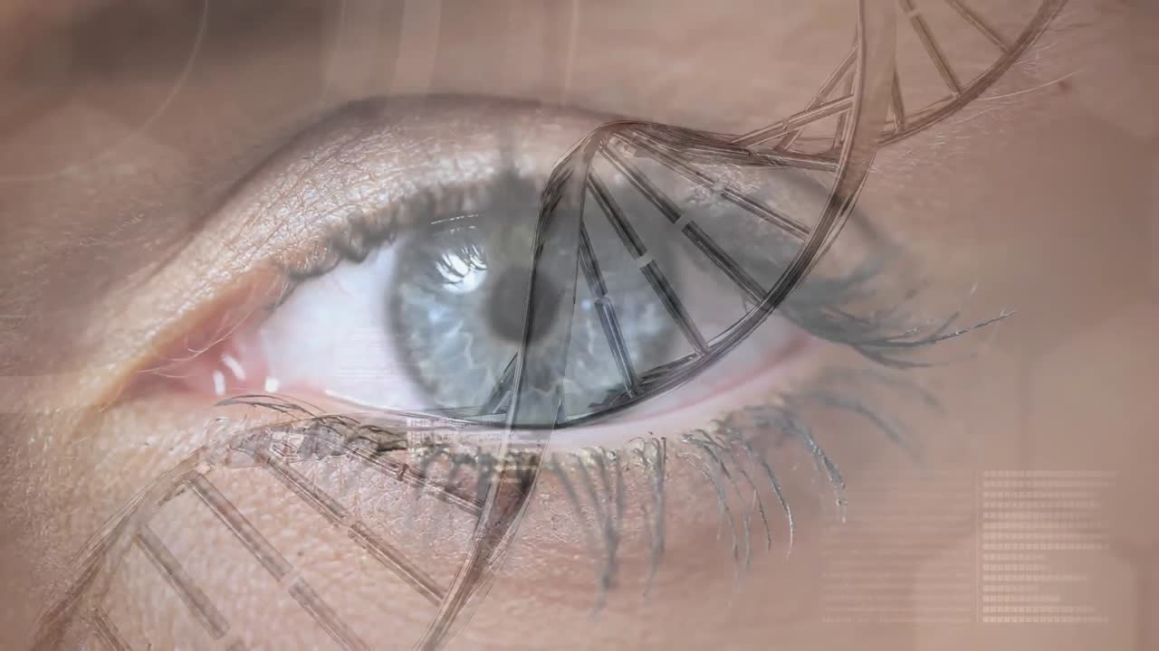 회전하는 dna를 가진 여성 눈의 클로즈업