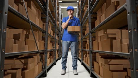full body of asian male courier in blue uniform showing silence gesture and shaking his head while delivering a carton in warehouse