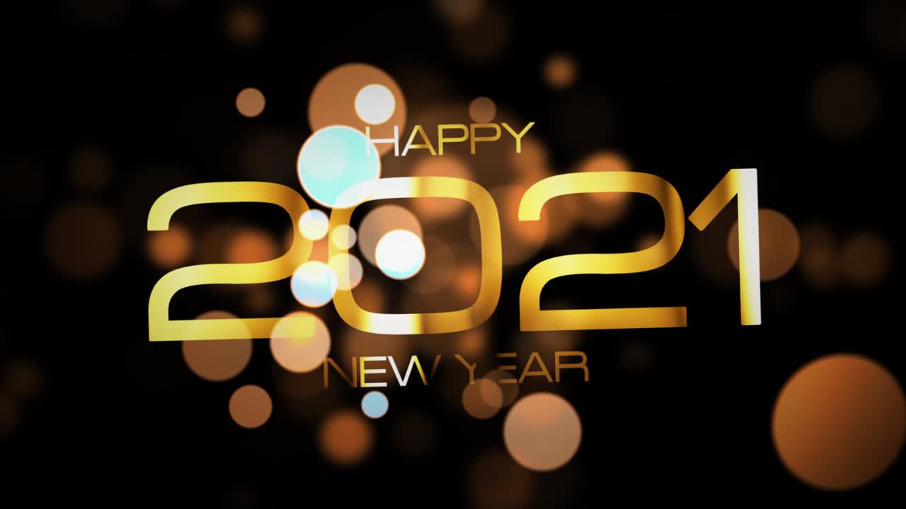 Frohes Neues Jahr 2021 Feier mit goldenen Zahlen und Bokeh-Lichtern 4K 3D Animation. 2021 Neujahrsgrüße Animation Text Intro. Festlicher Winter- und Weihnachtshintergrund.