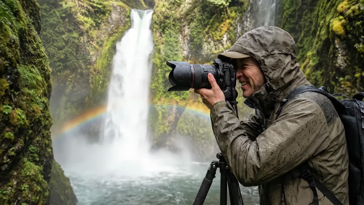 Glad mand fotograferer vandfald og regnbue i naturen
