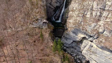 aerial backward of savica waterfall near bohinj, slovenia