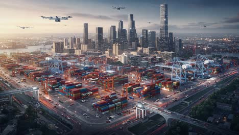 aerial views of a modern port city: container ships, drones, and skyscrapers at dusk, showcasing dynamic urban infrastructure and industrial activity