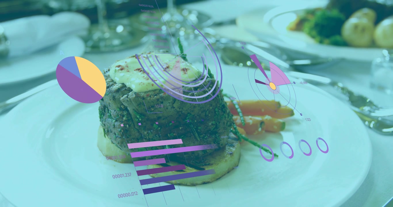 Superposición de datos animados que inicia pulsaciones, ascensos y deslizamientos sobre un bistec emplatado mostrando métricas de la comida.