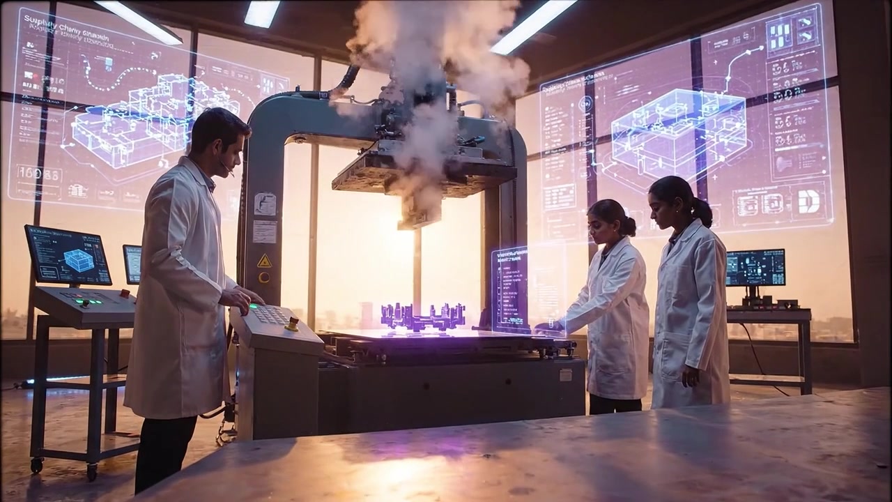Scientists Operating Advanced Industrial Machine with Holographic Displays