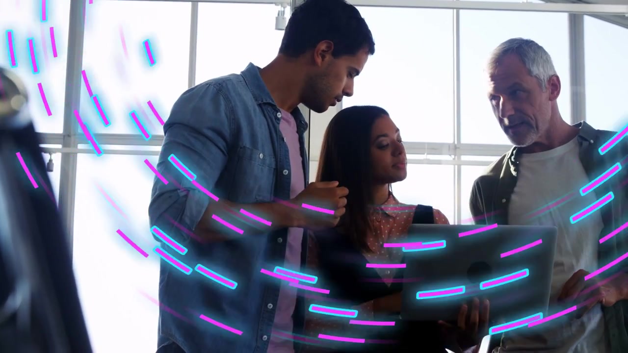 Woman lifting tablet, colleagues reviewing design while neon dashes obscuring then revealing
