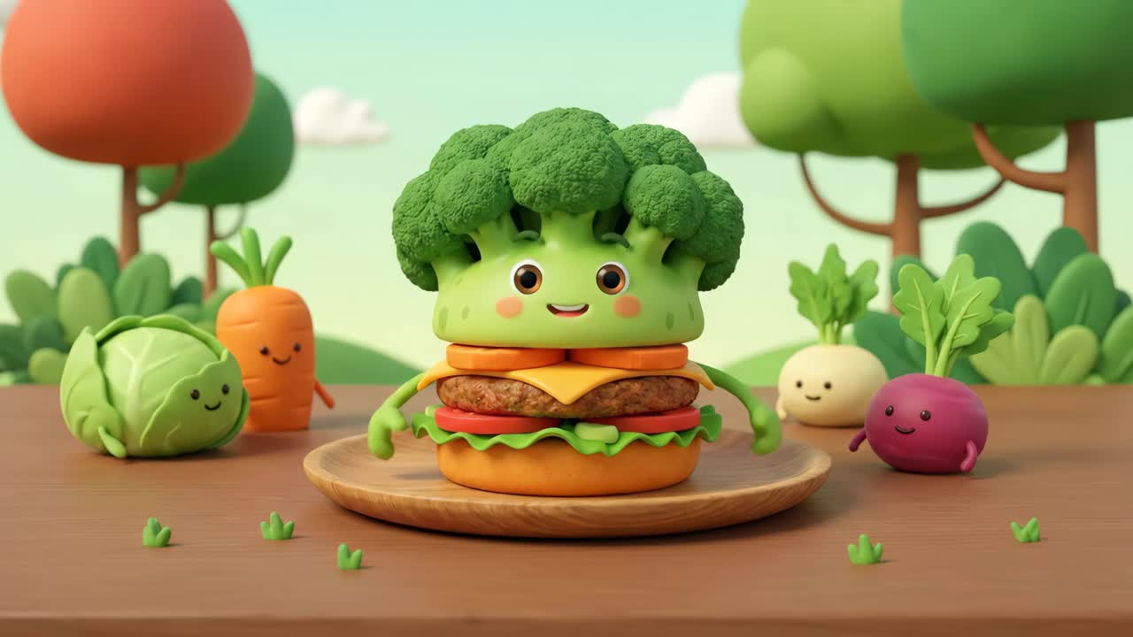 健康的なバーガーとしての、かわいい漫画のブロッコリーのキャラクター