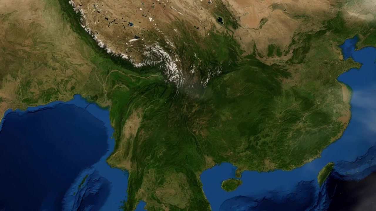 Vista de satélite com zoom do espaço sideral diretamente para Shuangshui em Guizhou, China. Inclui imagens de domínio público da NASA