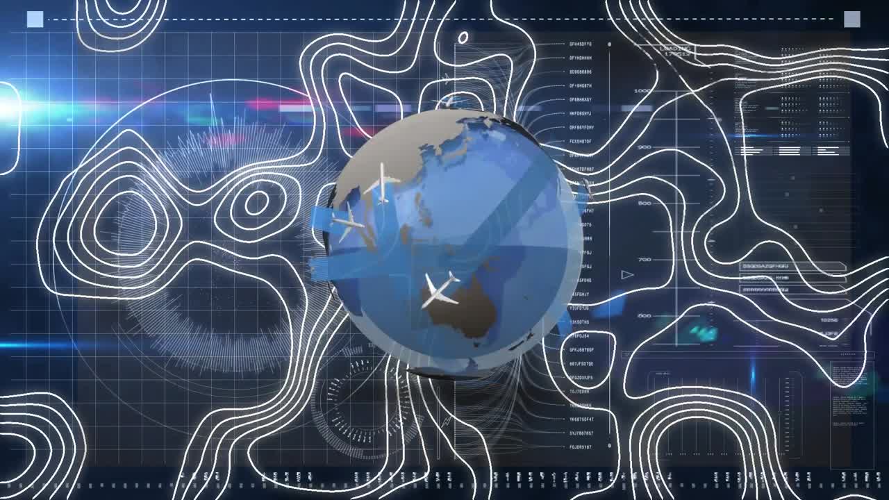 Animation of globe rotating over interface with data processing and topographical chart