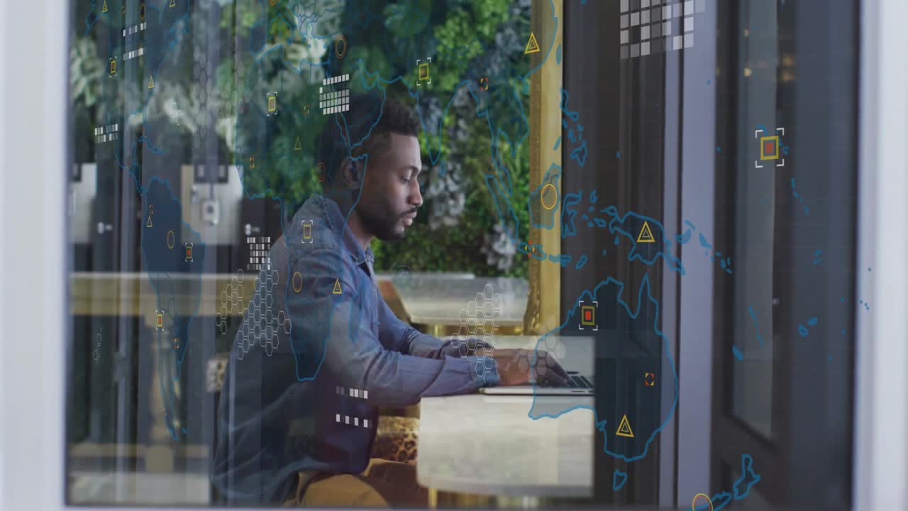 man typing laptop indoors against window, displaying technology world map and data points overlay