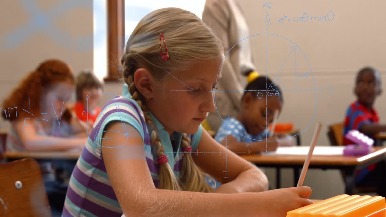 Animation of math formulas over happy caucasian girl learning at school