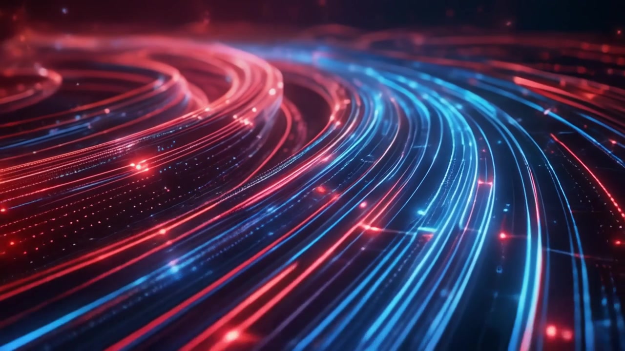Flusso di dati digitale astratto con scie luminose rosse e blu incandescenti
