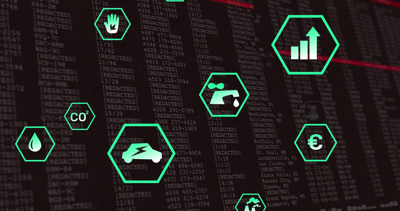 On startup green hexagon icons fading, drifting over scrolling data visualizing live metrics