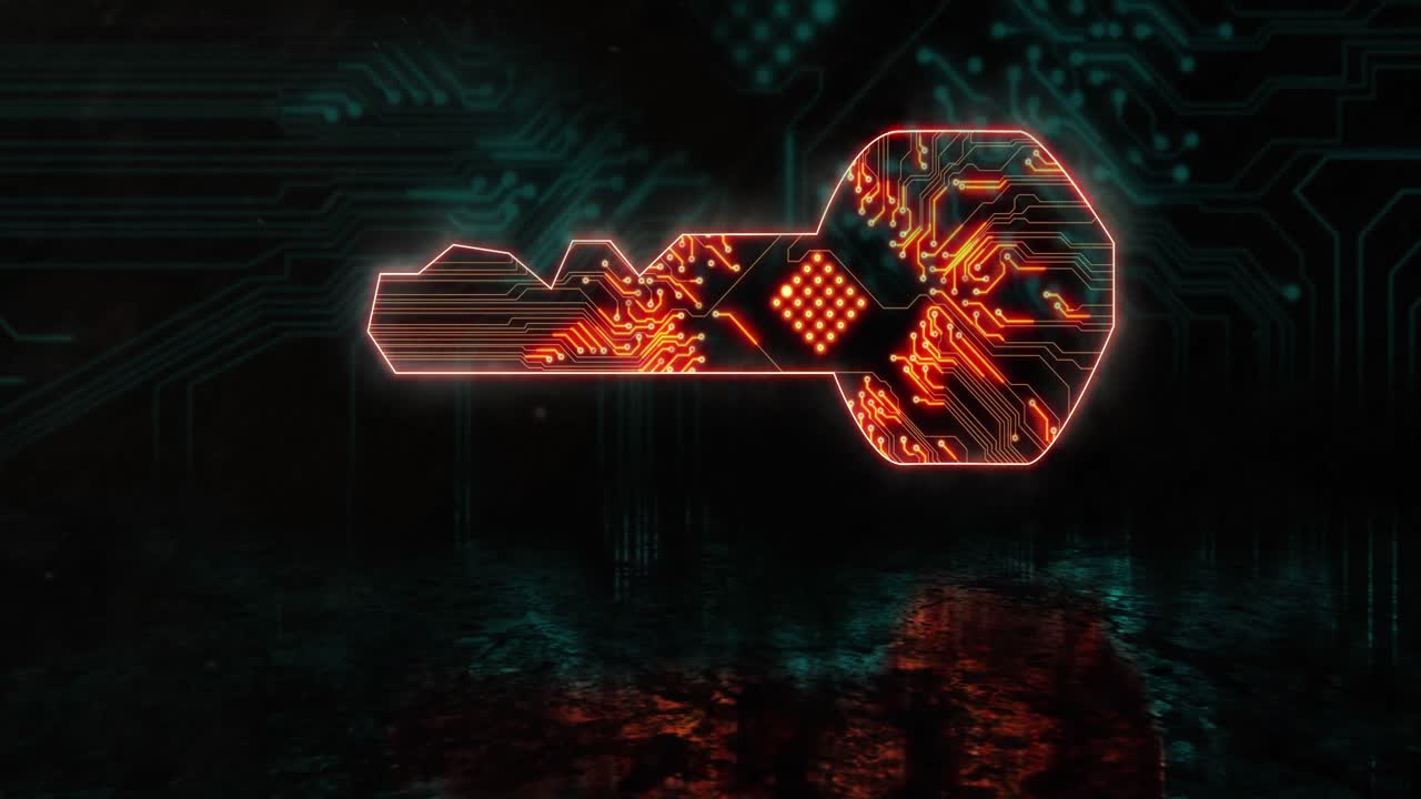 파란색 프로세서 소켓 위에 빛나는 오렌지색 키의 애니메이션