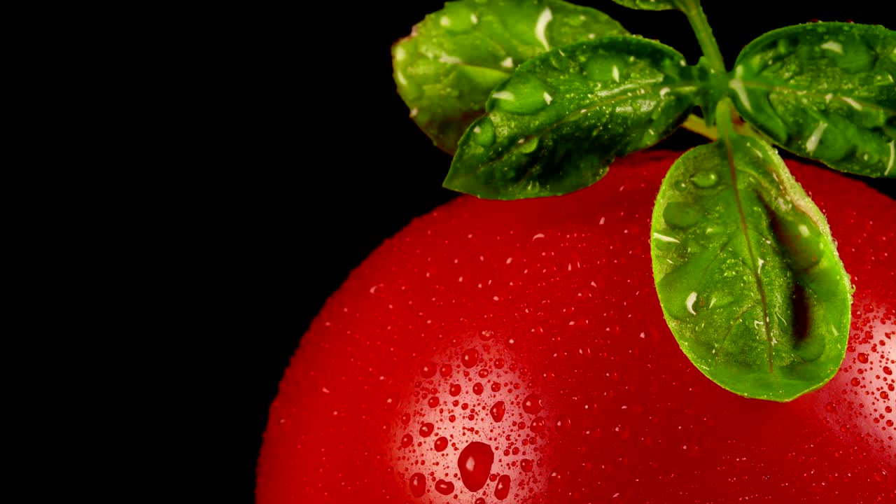 바실리 잎 을 가진 은 토마토 의 거시적 인 시각.