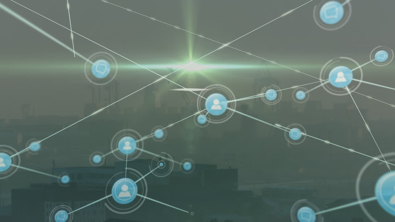 animación de la red de conexiones sobre el paisaje urbano