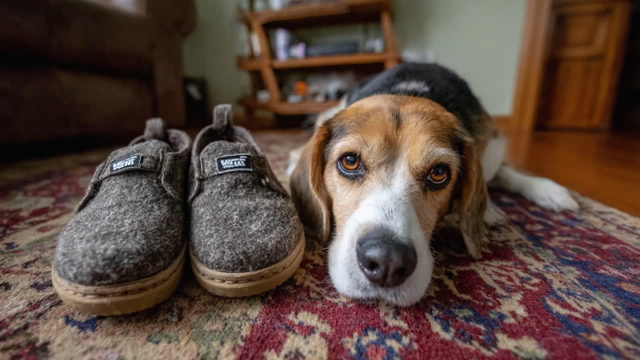 Un Beagle si rilassa in casa con delle comode pantofole nelle vicinanze, catturando l'essenza del comfort e della compagnia in un ambiente interno caldo