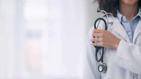 Woman,-stethoscope-and-hand-of-doctor-in-medical