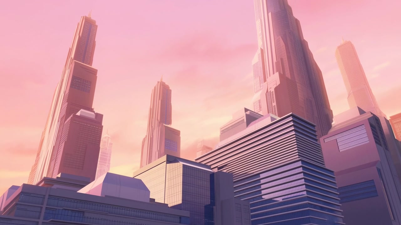 Cenário Urbano Futurista Ao Pôr Do Sol Com Arranha-Céus Imponentes, Céu Em Tons Pastel Projetando Um Brilho Quente Sobre Fachadas De Vidro, Em Camadas