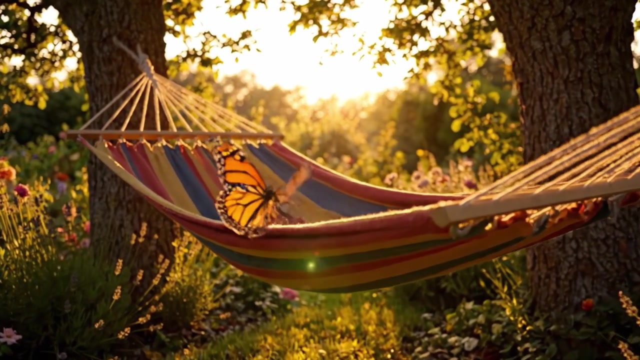 Un'amaca colorata annidata tra gli alberi in un giardino fiorito al tramonto, creando un rifugio di pace per il relax e il godimento della bellezza della natura.