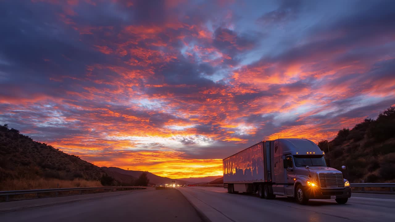 A Majestic Sunset Journey: A Freight Truck Navigates a Serene Highway as Stunning Colors Paint the Sky, Symbolizing Freedom and Adventure on the Open Road During an Enchanting Evening