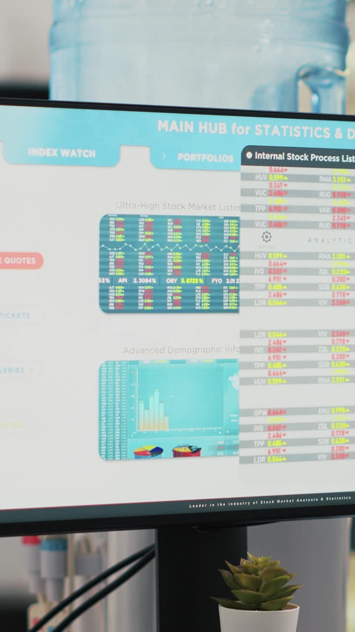 Vertical video Stock market values going up and down on computer monitor in empty office