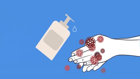 Covid-19-cells-disappearing-after-using-hand-sanitizer-on-hands-against-blue-background