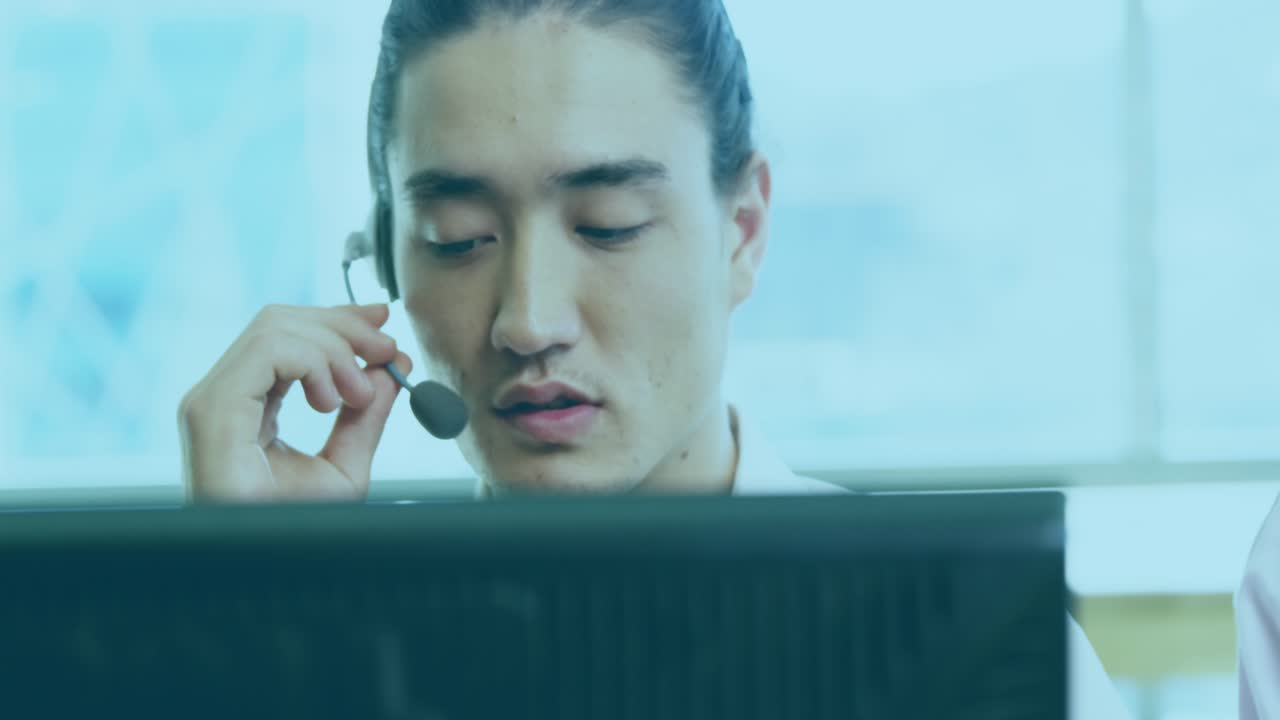 Animation of binary coding over caucasian male doctor with credit