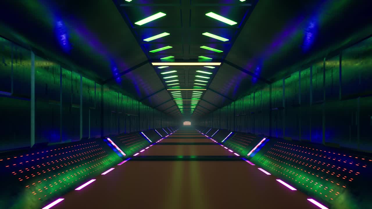 Tunnel neon 3D per game design. Sfondo astratto blu. Sfondo astratto moderno futuristico. Sfondo scientifico/tecnologico. Sfondo di architettura astratta. Showroom. 4K