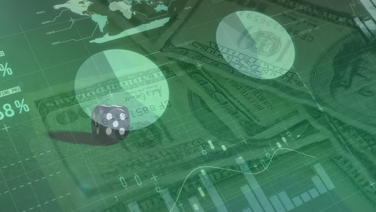 은행권과 주사위에 대한 데이터 처리의 애니메이션