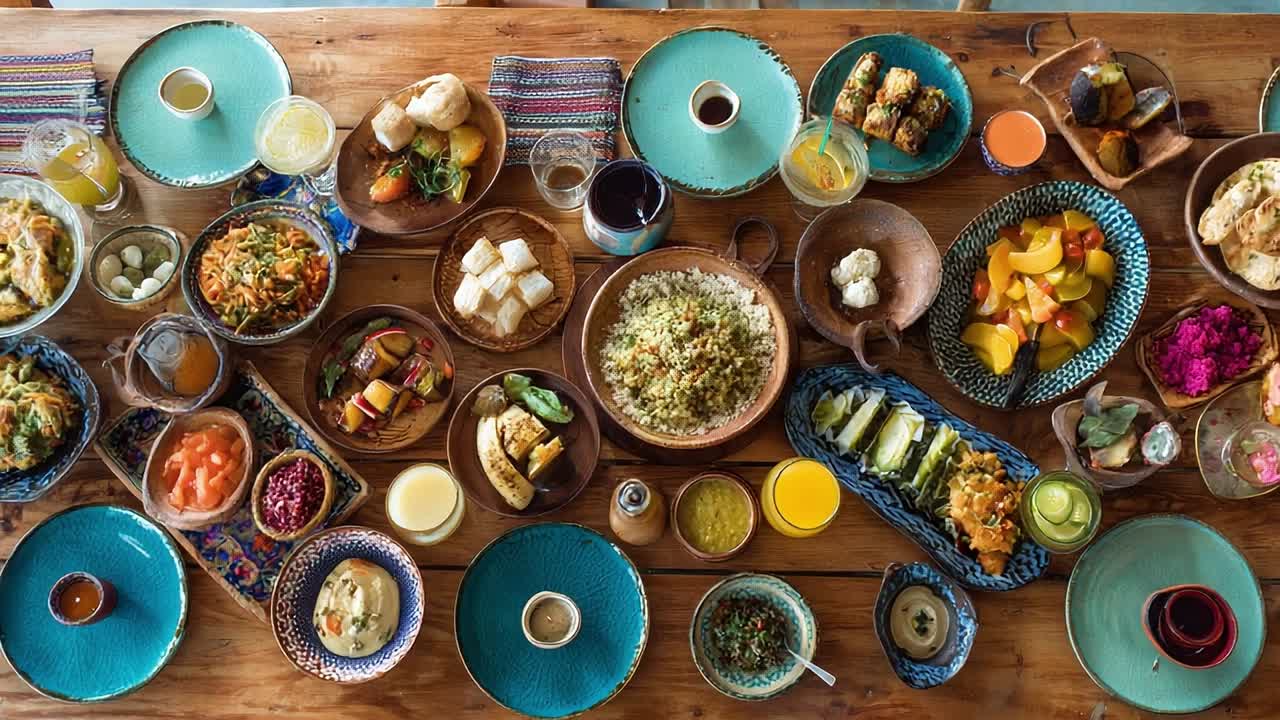 Colorful spread of traditional dishes on wooden table in outdoor setting