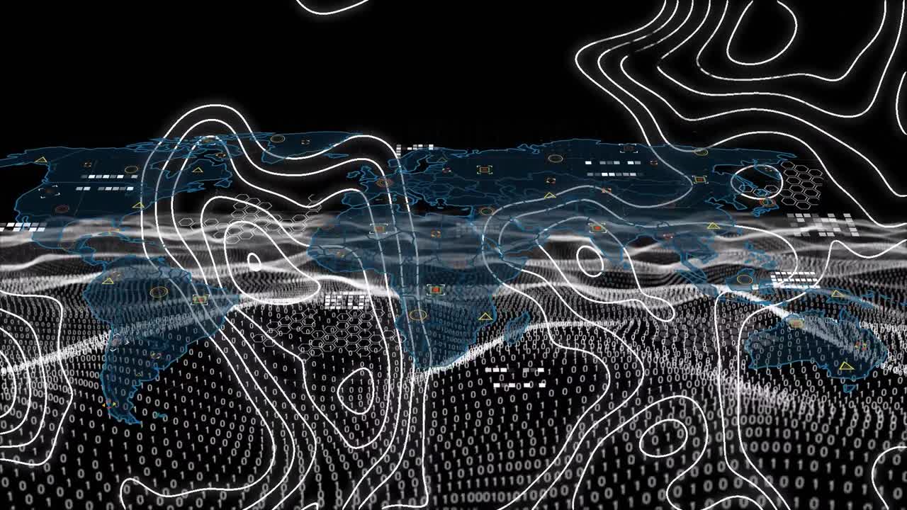 topografía y ondas digitales sobre codificación binaria y mapa del mundo contra fondo negro