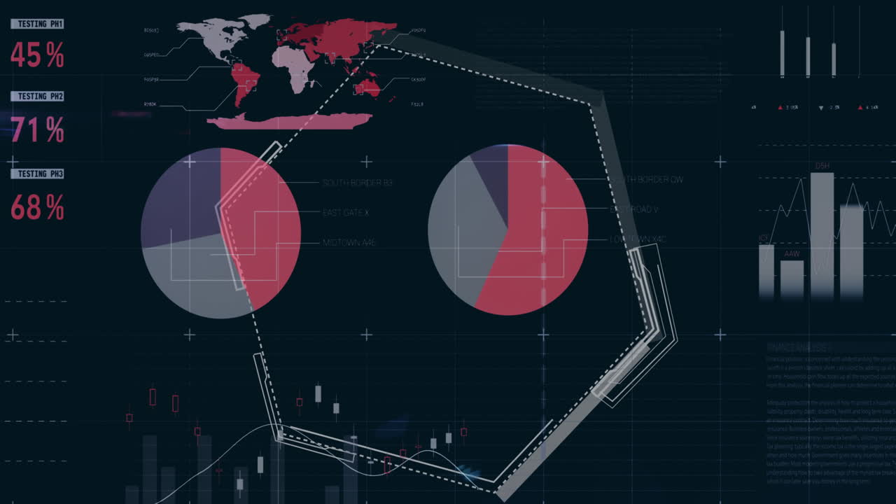 Animation of hexagon over multicolored infographic interface against black background